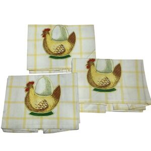 Dept 56 Sunday Brunch Cotton Tea Towels Set of 3 Yellow Plaid Hen Egg 27x18